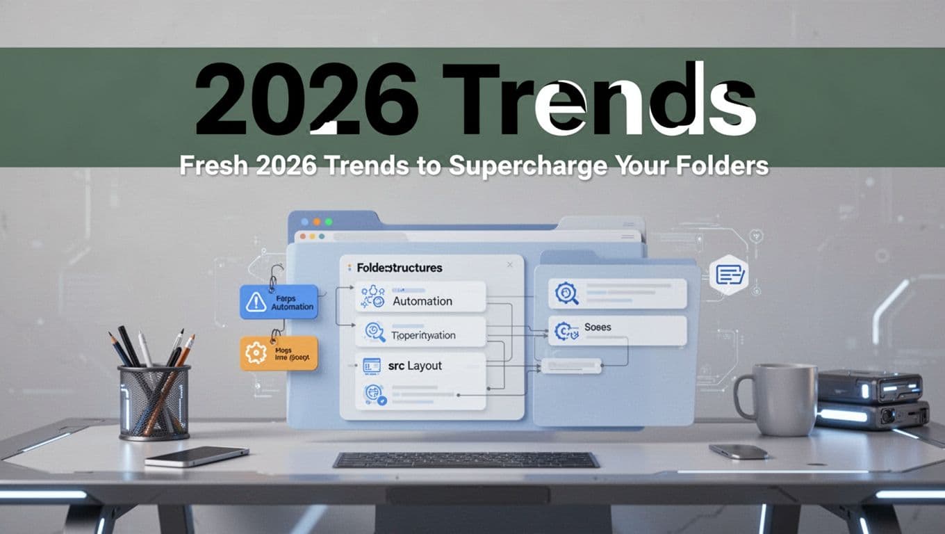 Editorial illustration showing 2026 folder trends with src layout, automation, and tags.