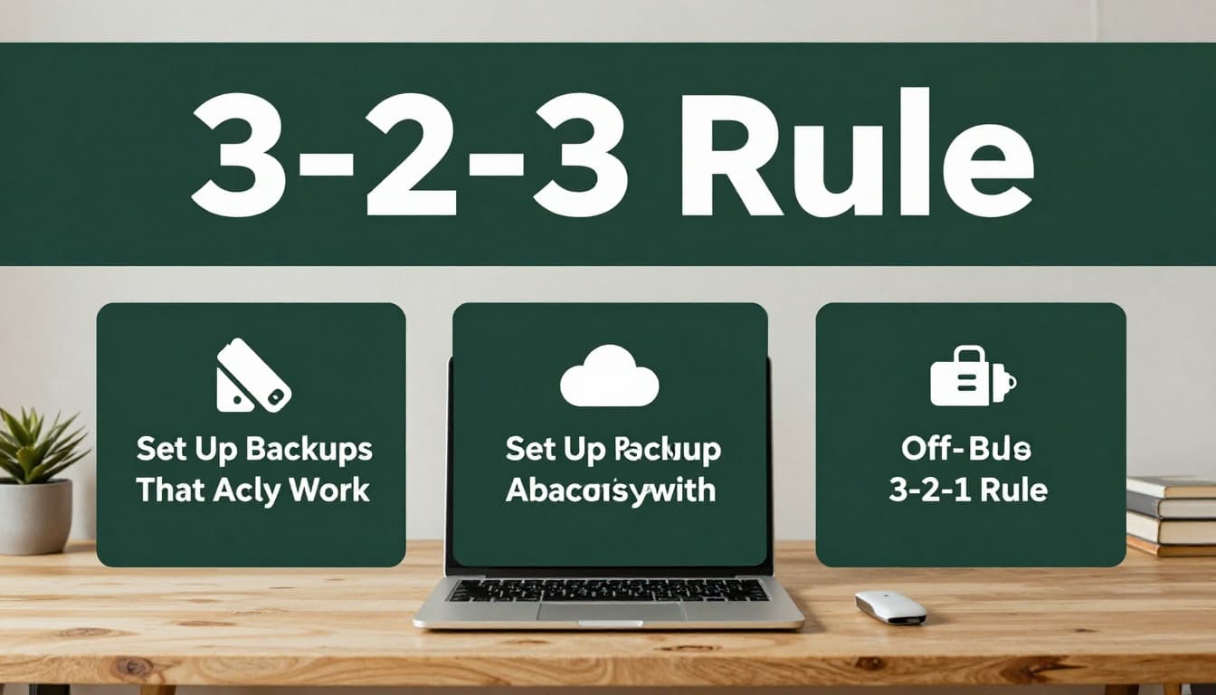Three backup copies on an external drive, cloud icon, and offsite USB are shown on an organized home office desk with a computer, illustrating the 3-2-1 backup strategy in realistic photo style with warm daylight lighting and a bold '3-2-1 Rule' headline.