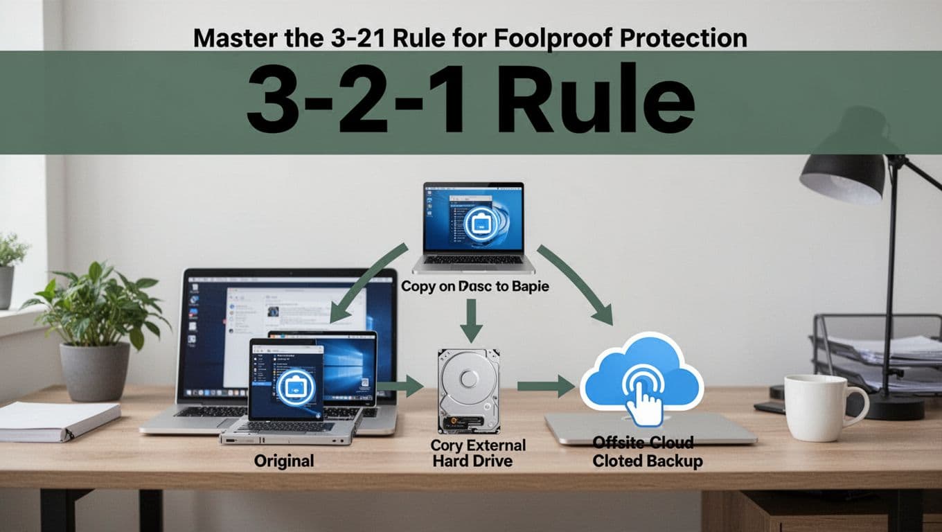 Illustration of the 3-2-1 backup rule featuring three data copies—original on laptop, external hard drive, and offsite cloud backup—arranged in a pyramid with replication arrows on a modern home office desk background.