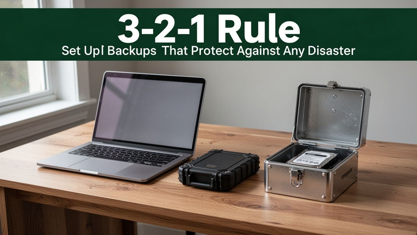 Photorealistic simple composition of a clean wooden desk with a laptop for primary copy, rugged black external hard drive for local backup, and small fireproof metal box slightly open revealing offsite drive, in 3-2-1 formation left to right.