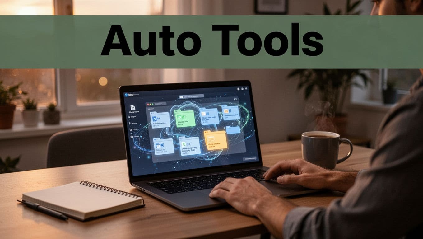 A focused professional relaxes at a modern home office desk with a laptop displaying abstract AI file sorting visualization, files moving into organized folders, notebook and coffee mug nearby, under warm evening light, topped with bold 'Auto Tools' headline on muted dark-green band.