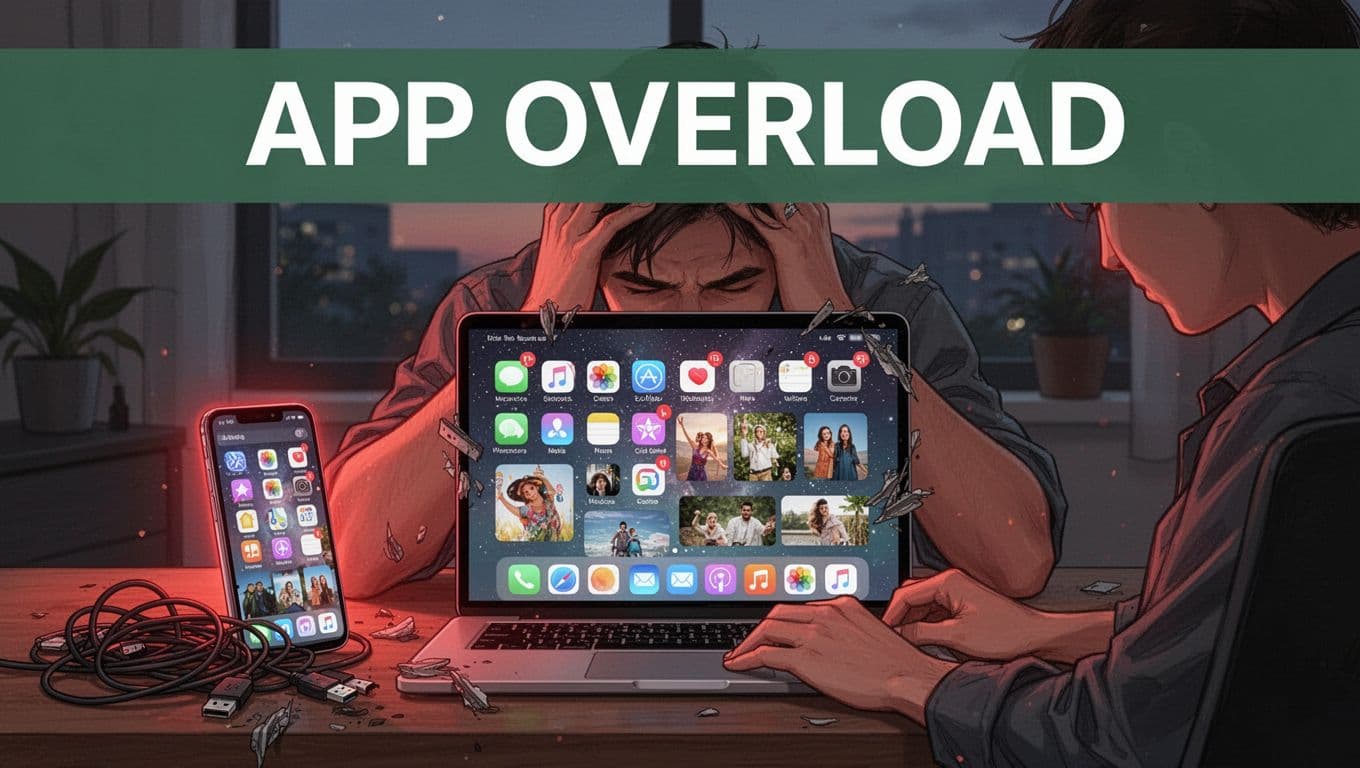 Smartphone and laptop screens overwhelmed by unused app icons, notification badges, duplicate photos, and bloated cache folders, with a frustrated user in a modern home office at dusk amid tangled USB cords.