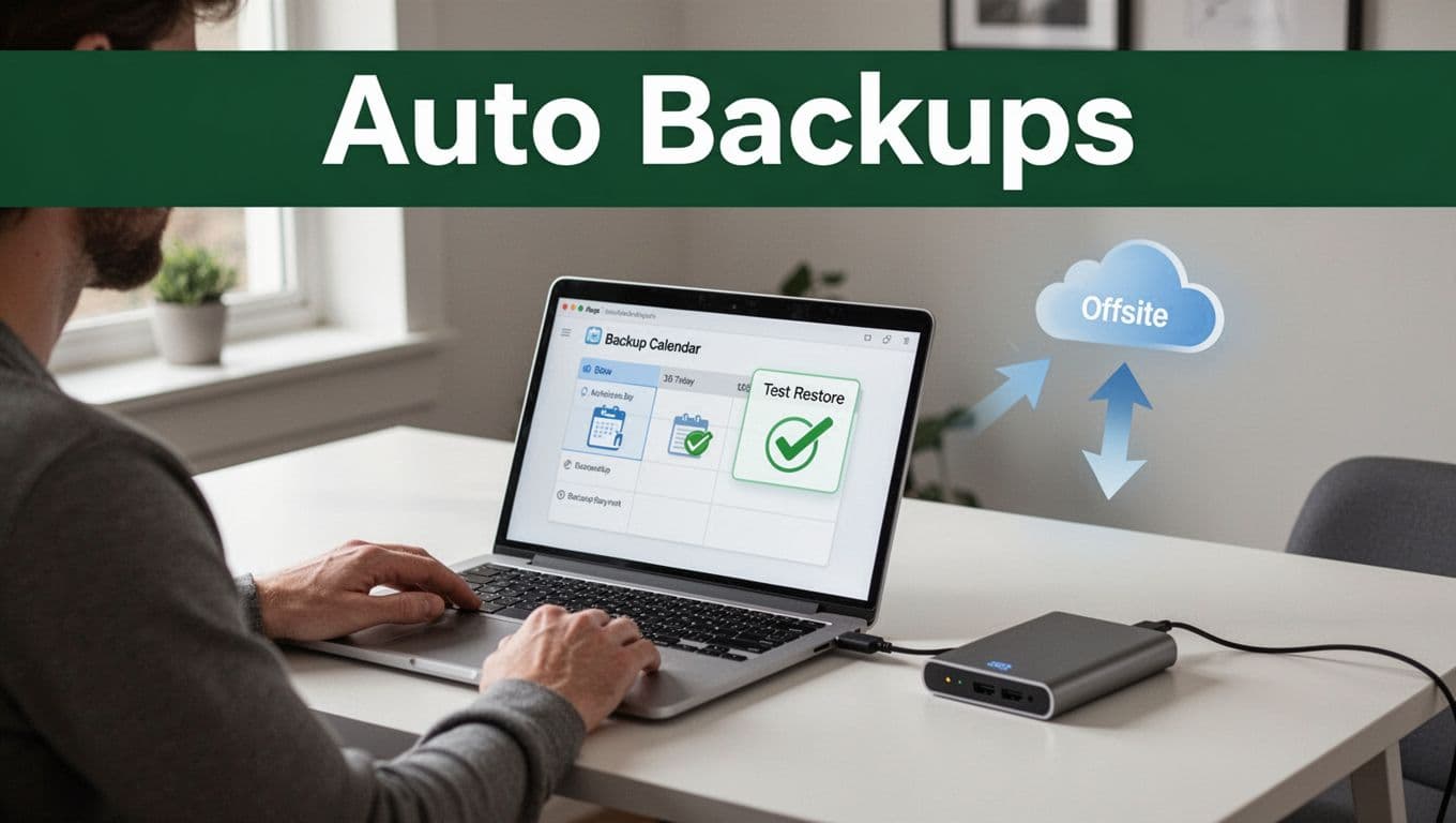 Illustration of one person at a clean home office desk with laptop displaying backup calendar schedule icons and test restore checkmark, connected external hard drive, subtle cloud arrow in background, and top banner headline 'Auto Backups'.