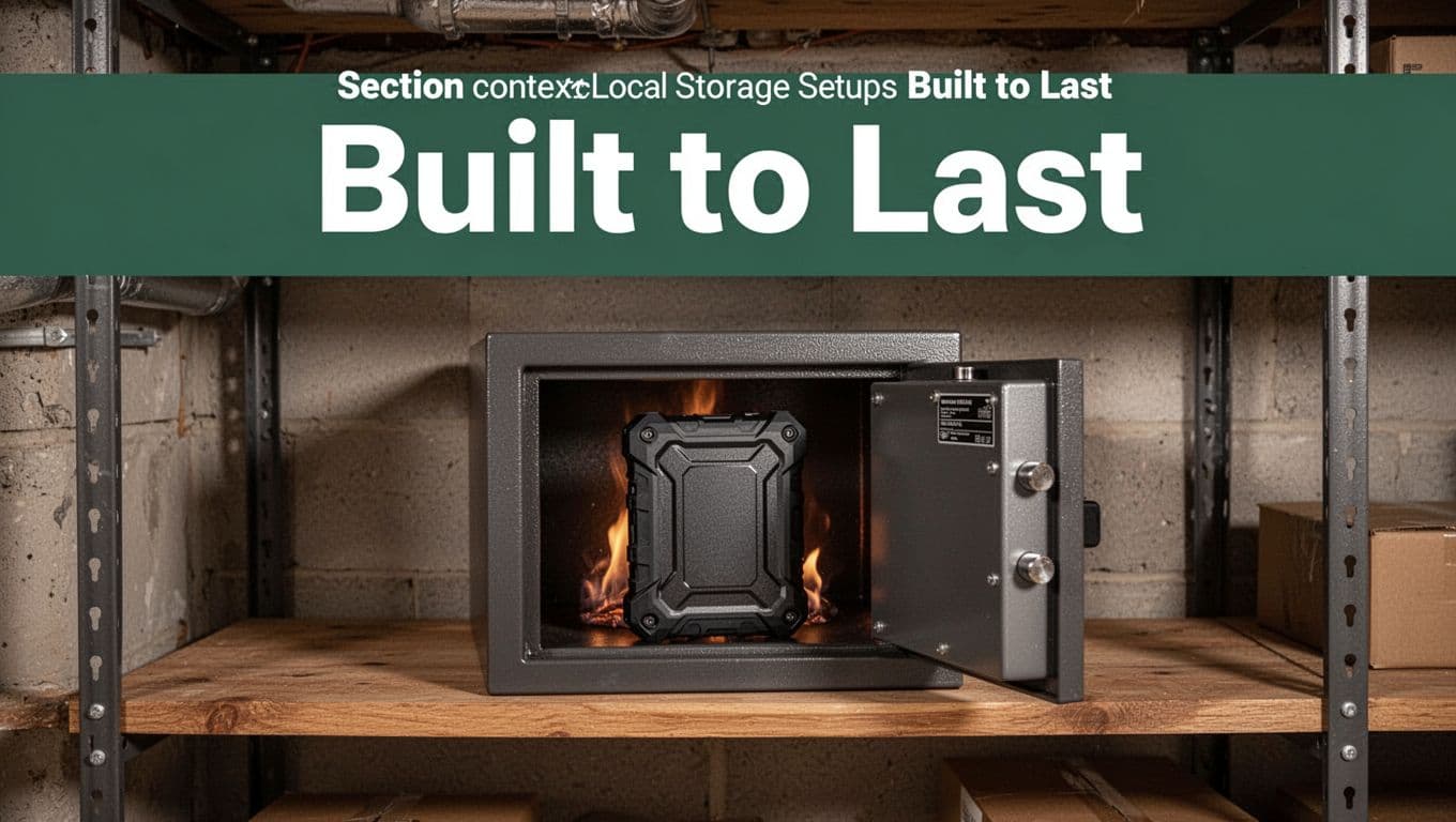Rugged black external hard drive inside slightly open fireproof metal safe on wooden basement shelf, under bold dark-green 'Built to Last' headline band. Photorealistic simple composition illustrating durable local storage setup.