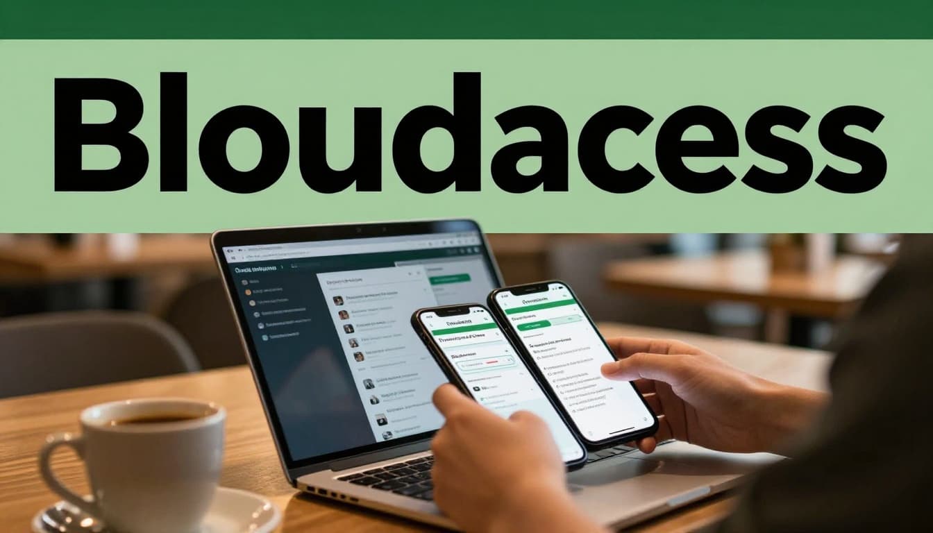 A person in a cafe uses a laptop and phone to seamlessly access cloud files, with devices propped open, blurred screens angled away, a coffee cup nearby, and warm ambient light in landscape composition featuring a bold 'Cloud Access' headline on a dark-green band.