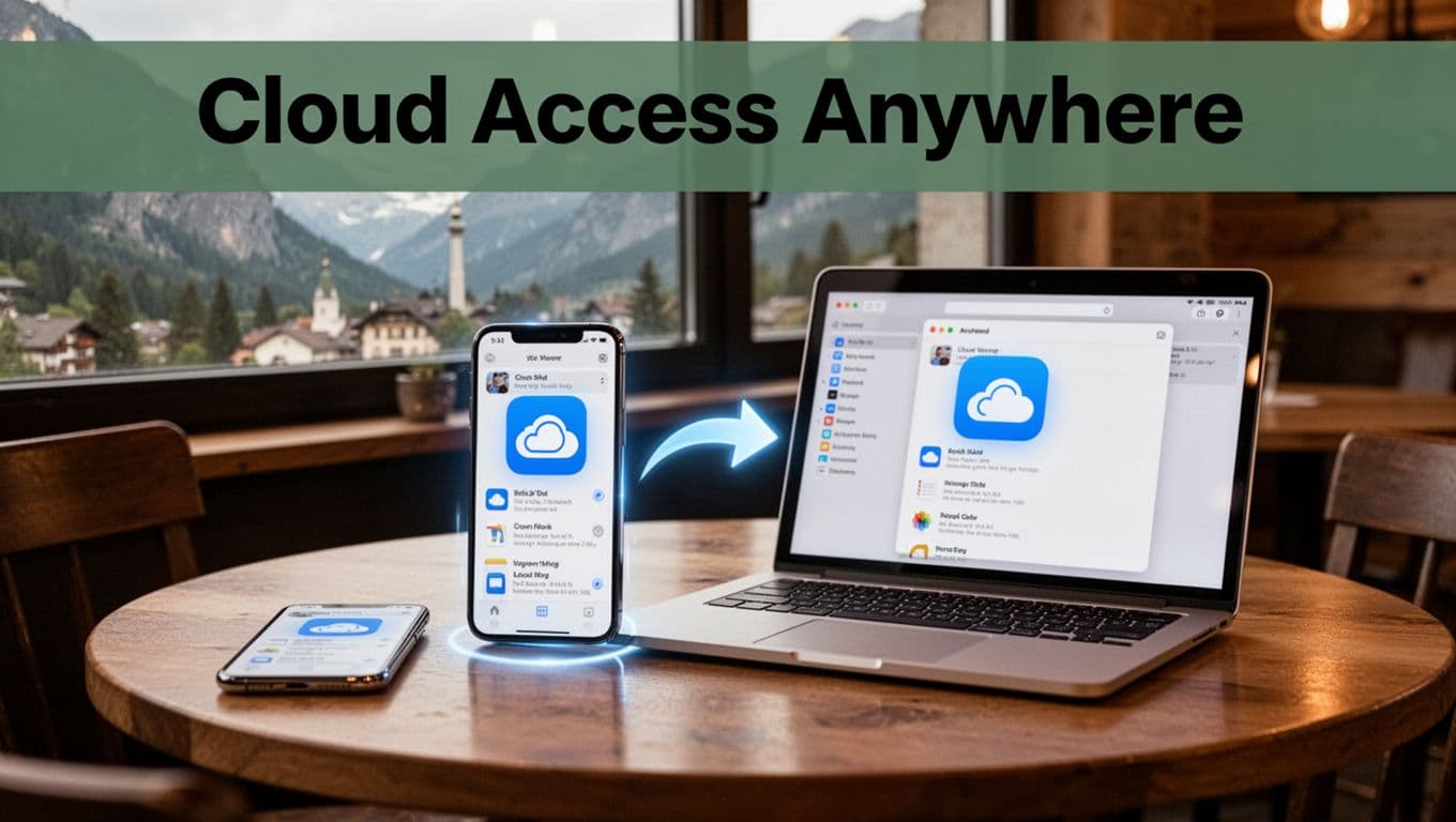Smartphone and laptop on a cafe table displaying the same synced cloud folder, set against a cozy travel scene window view with warm lighting and a bold headline overlay.