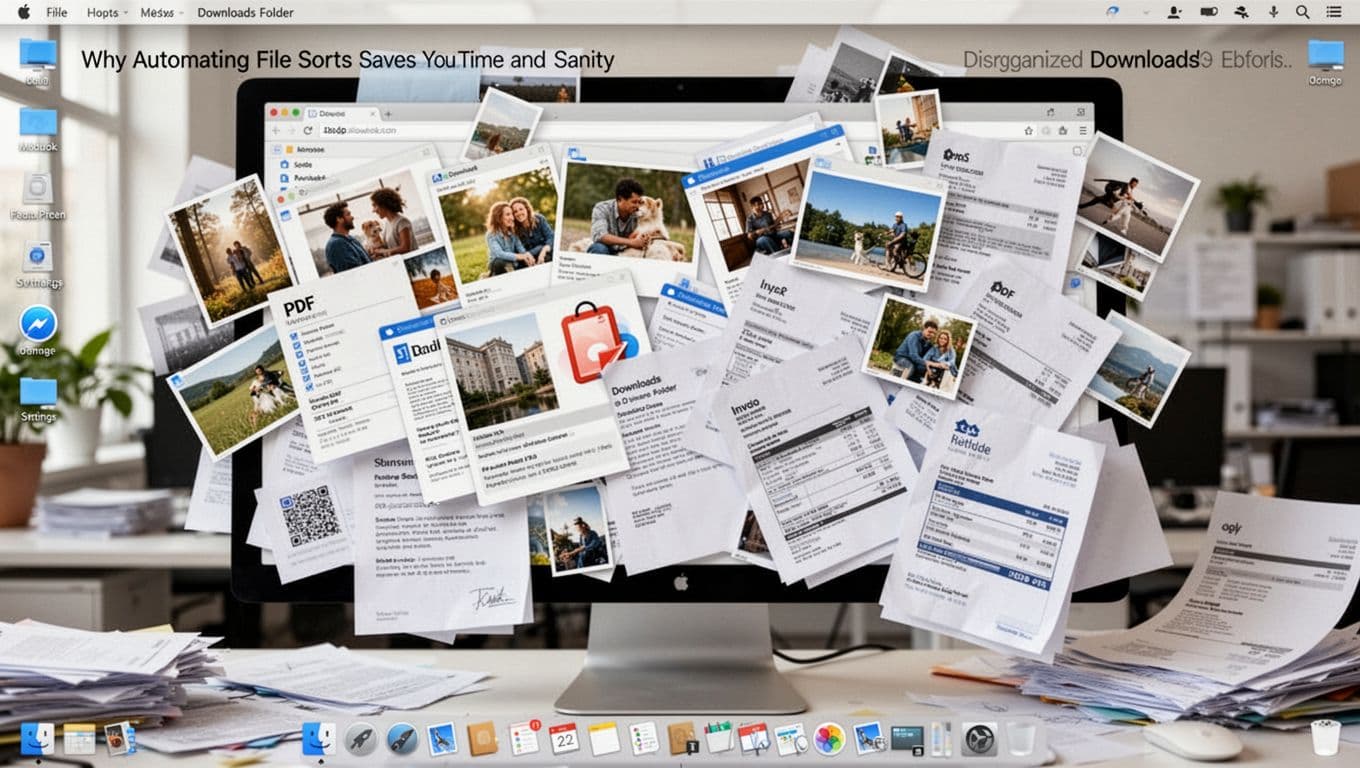 A cluttered computer desktop screen showing a messy Downloads folder overflowing with random files like photos, PDFs, invoices, and screenshots scattered everywhere in chaotic composition.