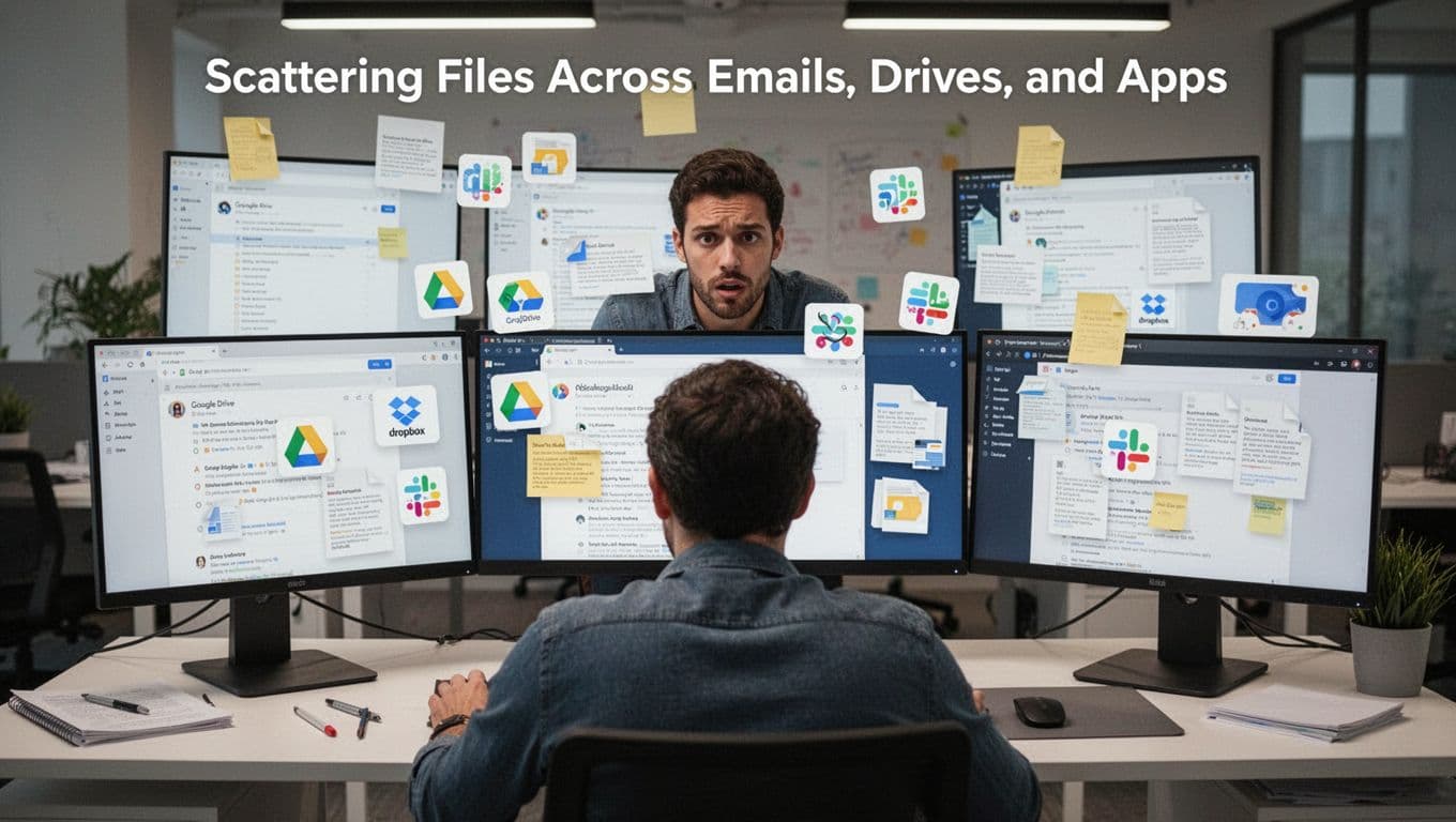 A confused team member gazes across multiple computer screens displaying apps like email, Google Drive, Dropbox, and Slack with scattered file icons and attachments on a modern office desk, realistic photo style with soft overhead lighting.