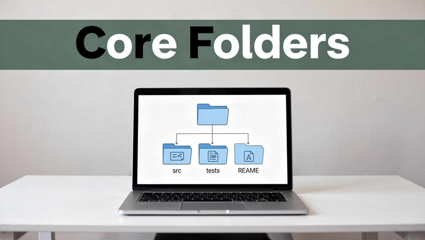 Editorial illustration showing a clean hierarchical tree with src, tests, and README for beginner-friendly folder rules.