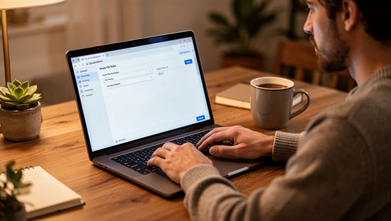A relaxed person at a desk in a cozy home office uses a laptop showing a blurred file rule editor interface, with hands on the keyboard and a coffee mug nearby, under warm lighting.
