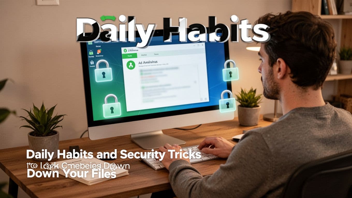 Person at desk in cozy workspace running antivirus security scan on computer with blurred screen and padlock icons around files, viewed from back with relaxed posture, photorealistic soft lighting.