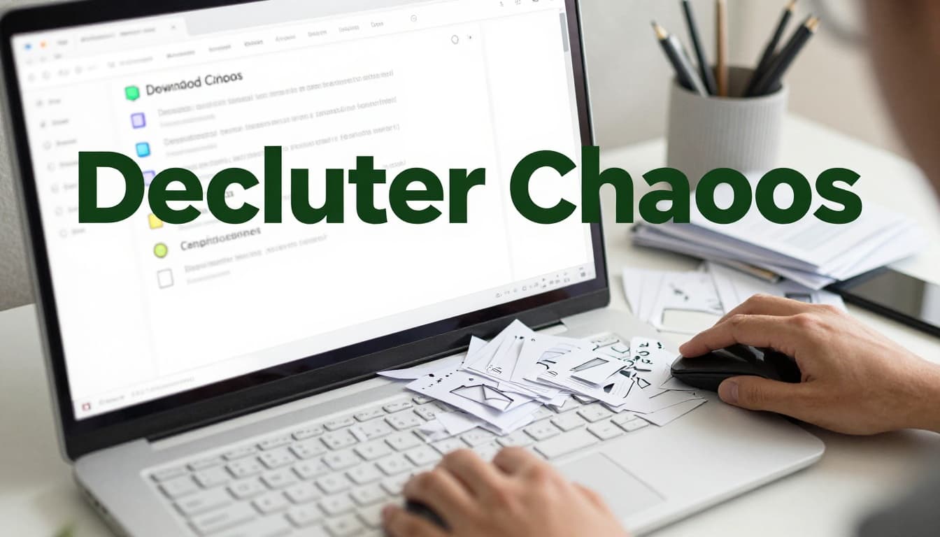 Cluttered computer desktop in a modern home office with scattered documents, photos, videos, and overflowing Downloads folder with duplicates. One hand rests near mouse poised to select files for deletion, under bold 'Declutter Chaos' headline in dark-green band.