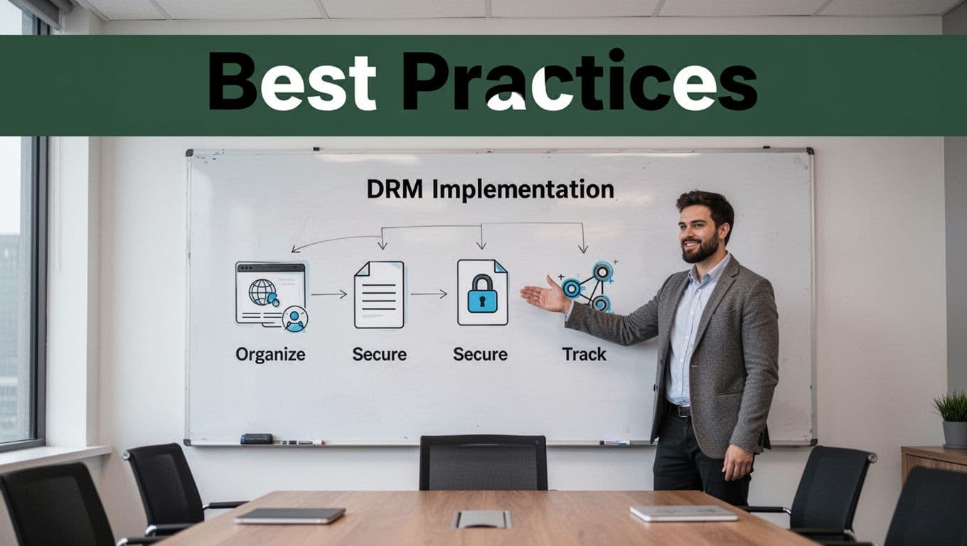 Bold editorial landscape image with muted dark-green header band displaying 'Best Practices' in high-contrast white text, featuring a conference room whiteboard flowchart of DRM steps like organize, secure, and track, with one person pointing relaxed hand at simple icons.
