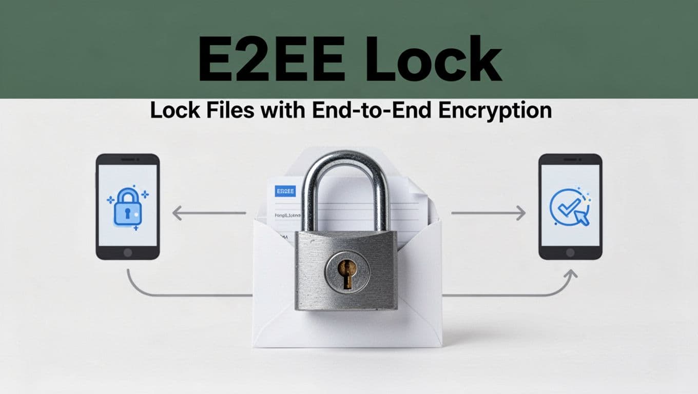 A prominent metallic padlock secures an encrypted digital file envelope transmitted through a shielded tunnel between sender and receiver device icons on a minimalist background, highlighting unbreakable end-to-end encryption.