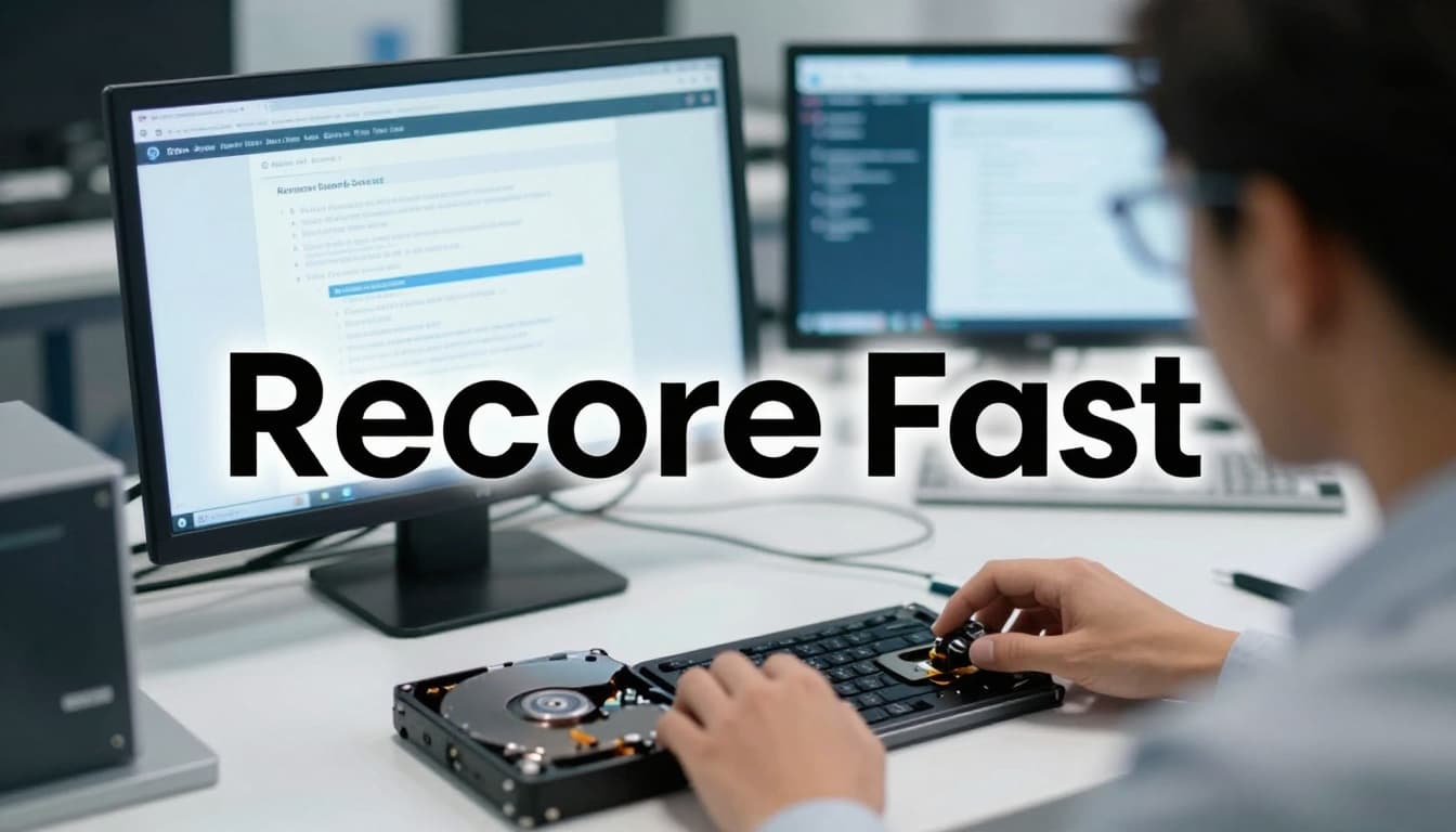 A professional data recovery lab setup featuring a drive being cloned, scattered tools on the bench, and a blurred software interface showing file recovery under cool fluorescent lighting. Bold editorial headline 'Recover Fast' emphasizes the quick recovery theme in a realistic style.