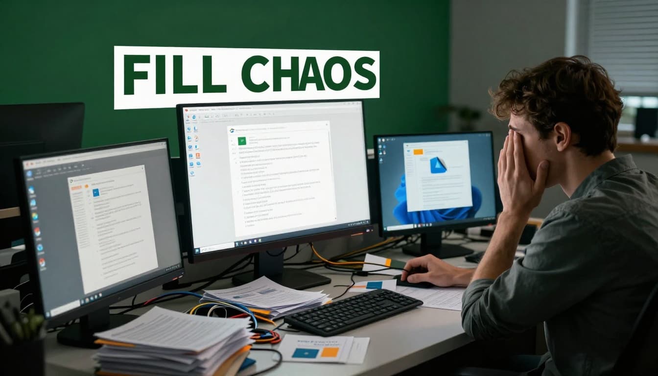 Cluttered computer desktop with scattered file icons from Google Drive, Dropbox, and OneDrive, tangled cables, and a stressed person in a night office setting, depicted in bold editorial illustration style.