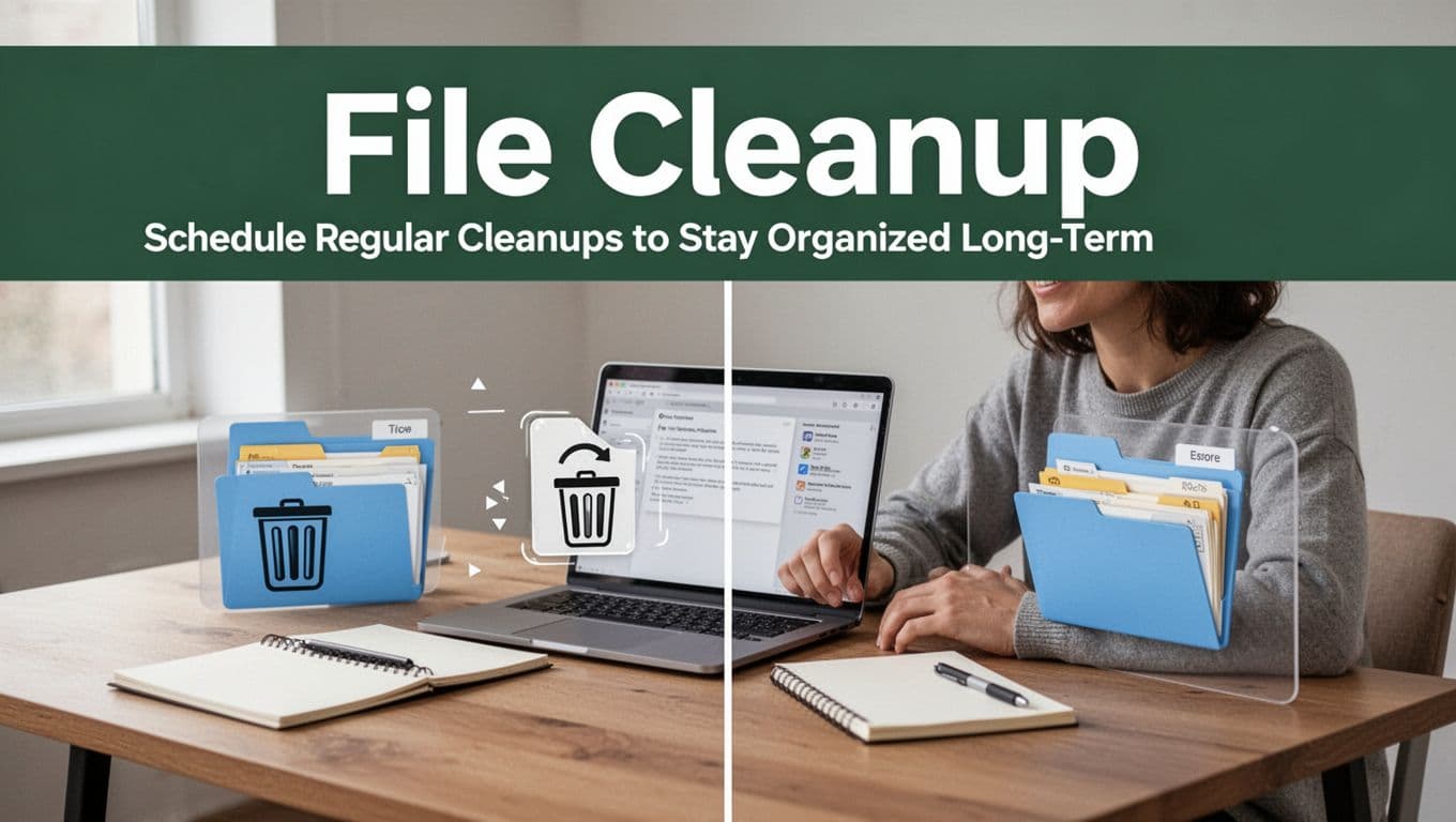 Editorial image showing a person doing file cleanup, reviewing folders, deleting duplicates, and ending up with a more organized drive on a laptop and desk.