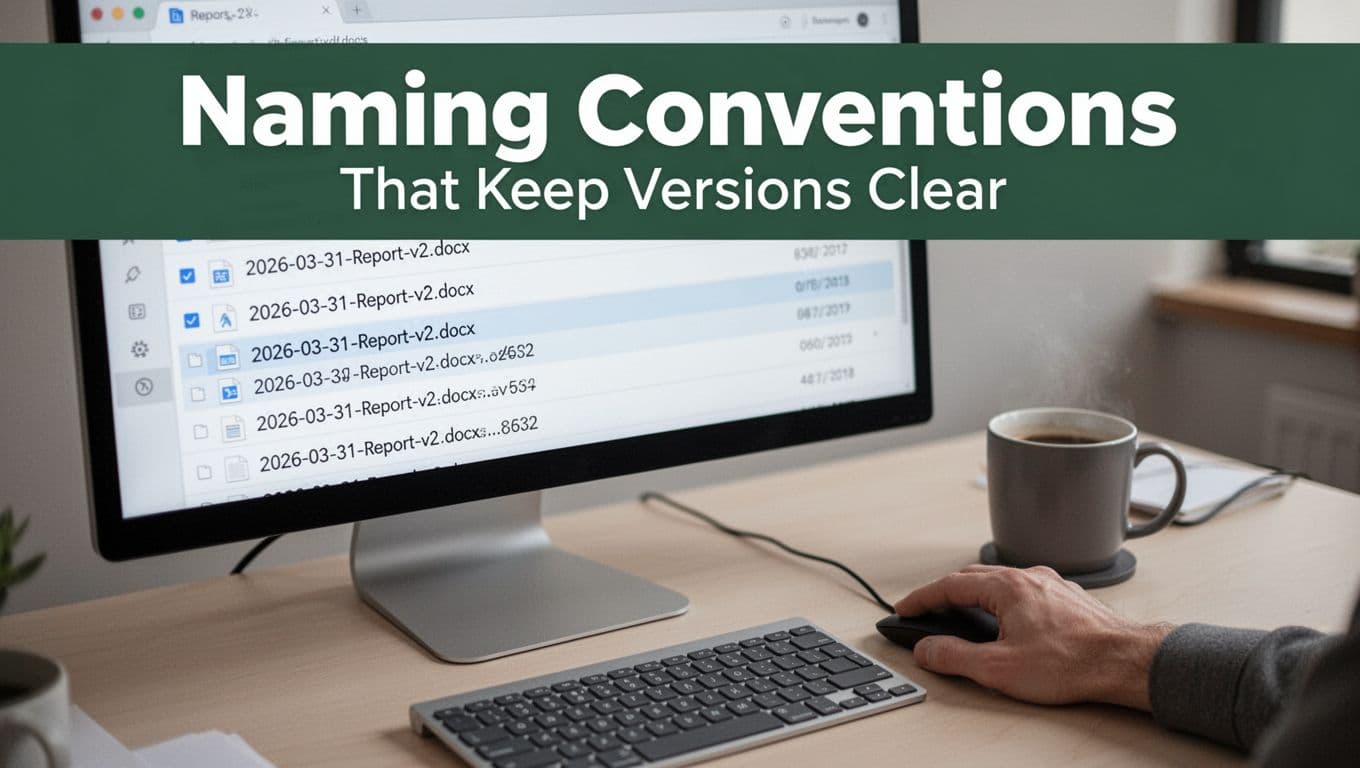 Close-up example file list sorted chronologically by date, showing names like 2026-03-31-Report-v2.docx on a computer desk.