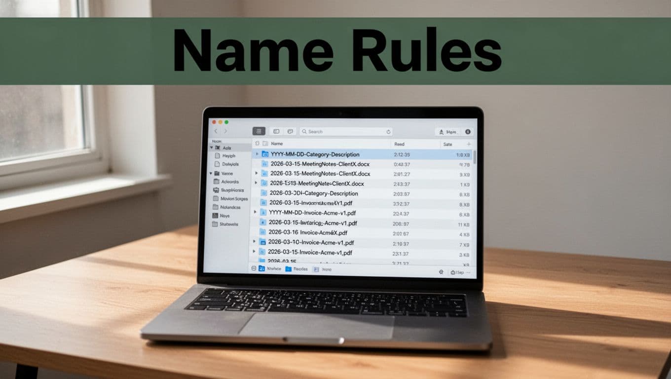 Modern laptop on wooden desk displaying file explorer with YYYY-MM-DD-Category-Description named files sorted by date, under bold 'Name Rules' headline on dark-green band, realistic photography with shallow depth of field.