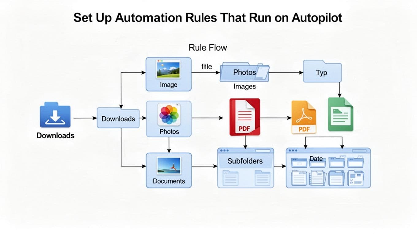 A simple, clean vector flowchart diagram showing how files from the Downloads folder are automatically sorted by type (e.g., images to Photos, PDFs to Documents) and organized into date-based subfolders.