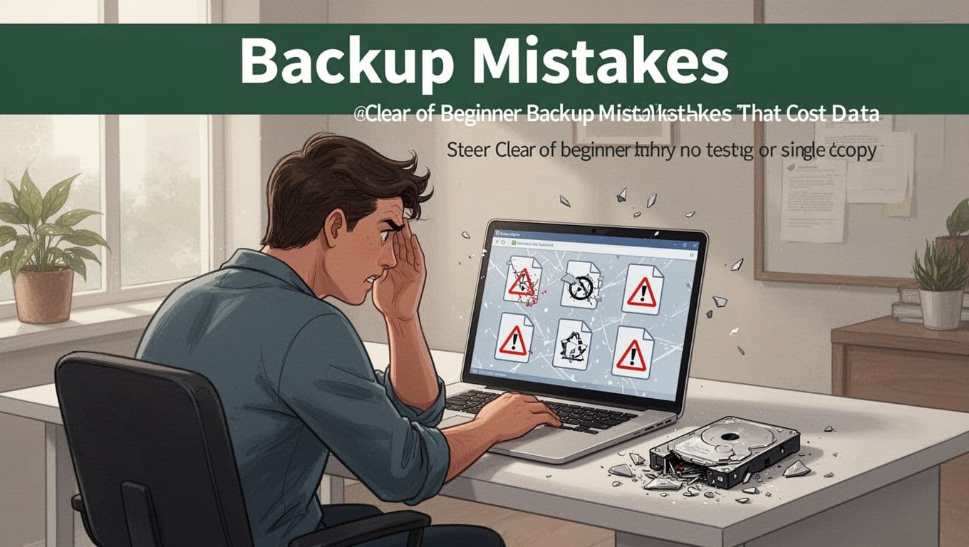 Bold editorial illustration of a frustrated person at a clean home office desk in natural light, staring at a laptop screen with corrupted file icons and error symbols, broken external hard drive nearby, topped with 'Backup Mistakes' headline.