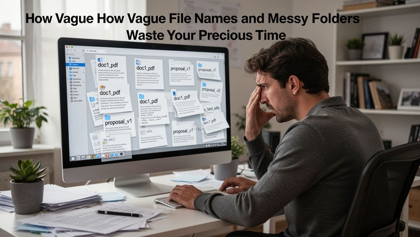 A frustrated solo office worker stares at a cluttered computer screen filled with generically named files like 'doc1.pdf' and 'proposal_v1' scattered in messy folders, in a modern home office with natural daylight.