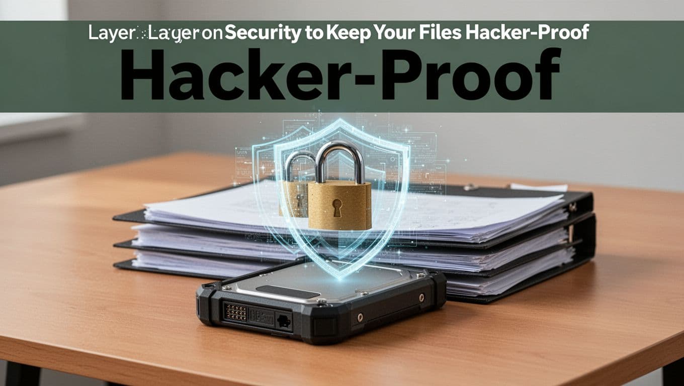 Layered padlocks and digital shields protecting a rugged external hard drive and stacked folders on a desk, under a bold editorial headline.