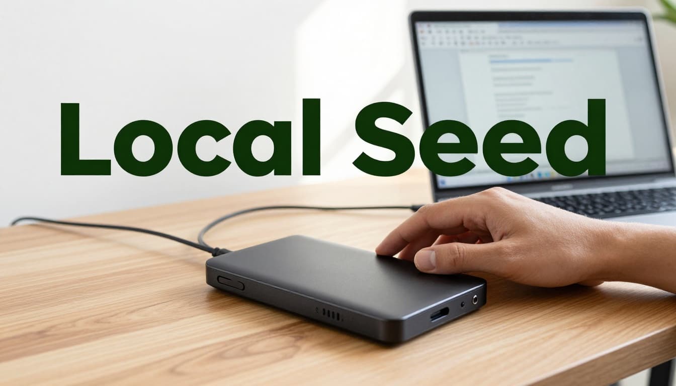 A hand connects a sleek black external SSD drive to a modern laptop on a wooden desk, with files opening quickly on the screen, highlighted by a 'Local Speed' headline in a dark-green band.