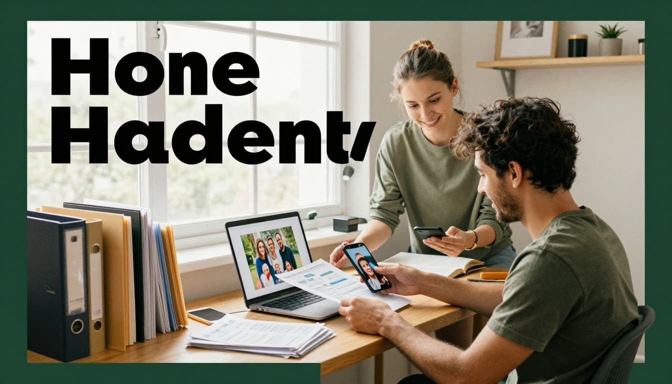 Cozy home office scene with one person sorting family photos and bills into labeled folders on a laptop, organized shelves nearby, relaxed smile while sharing a photo on phone, natural evening light, stress-free vibe.