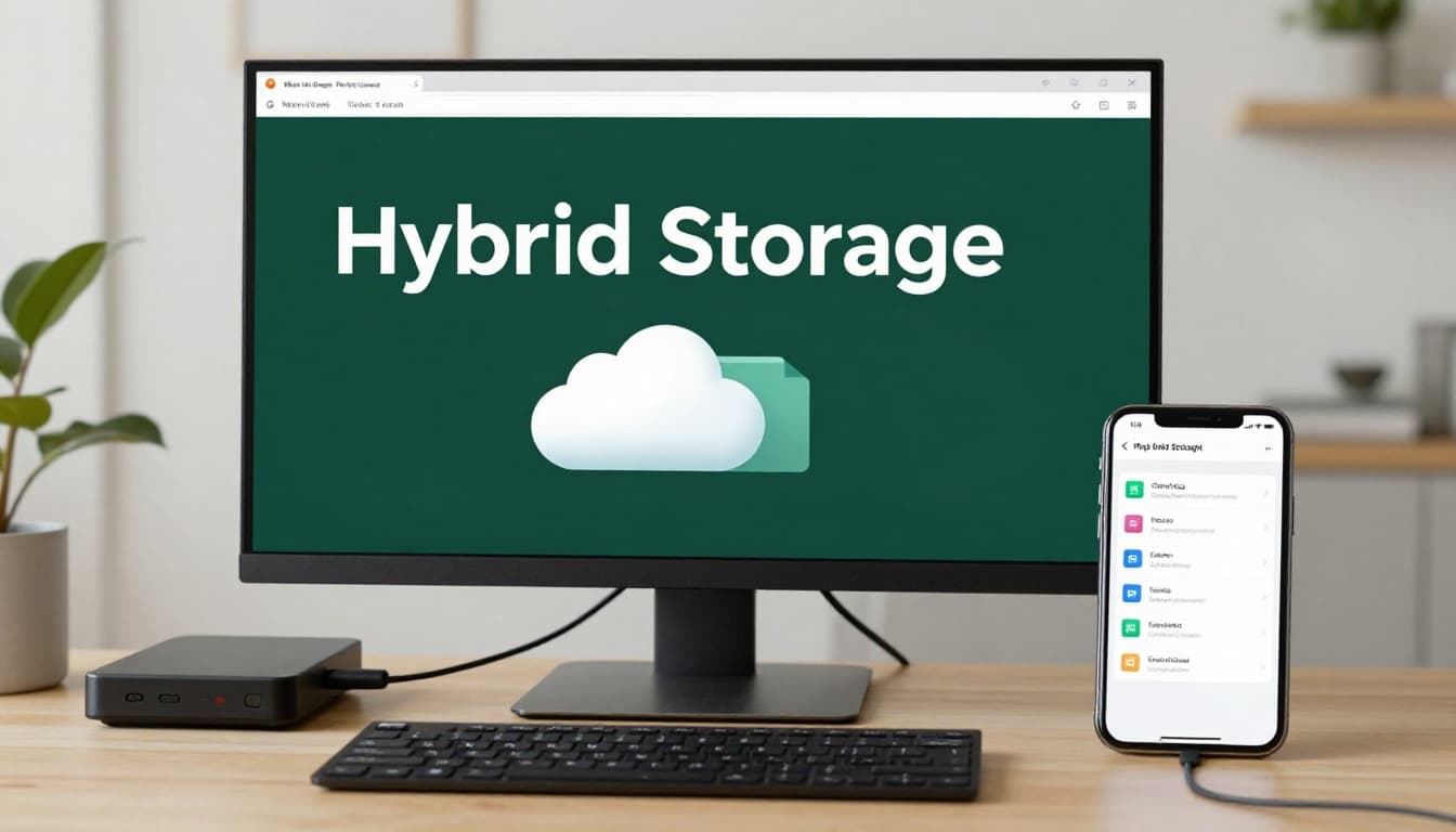 Realistic home office photo showing desktop with external drive connected to PC, phone displaying cloud backup sync, and files mirrored between local folder and cloud; bold 'Hybrid Storage' headline at top.
