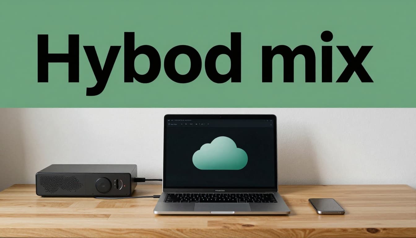 Hybrid storage setup showing NAS connected to cloud icons in the background, a clean desk with external drive and laptop syncing under soft office lighting, featuring a bold 'Hybrid Mix' headline on a dark-green band.