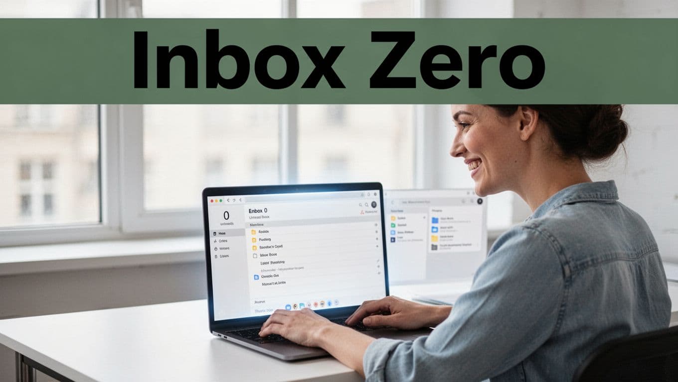 Confident professional smiling at modern laptop screen showing clean empty inbox with zero unread emails and organized folders, under bright natural light.