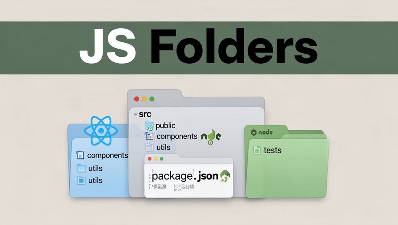 Editorial illustration of JavaScript, React, and Node.js folders showing src, public, package.json, and tests.