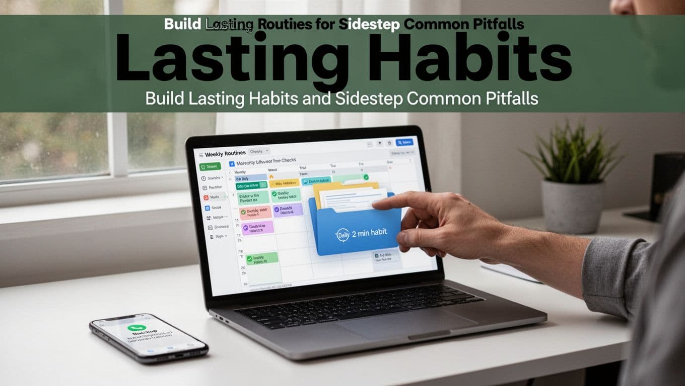 Modern home office workspace with laptop showing calendar for daily 2-minute habits and weekly checks, hand placing file into folder icon on screen, clean desk under soft natural light.