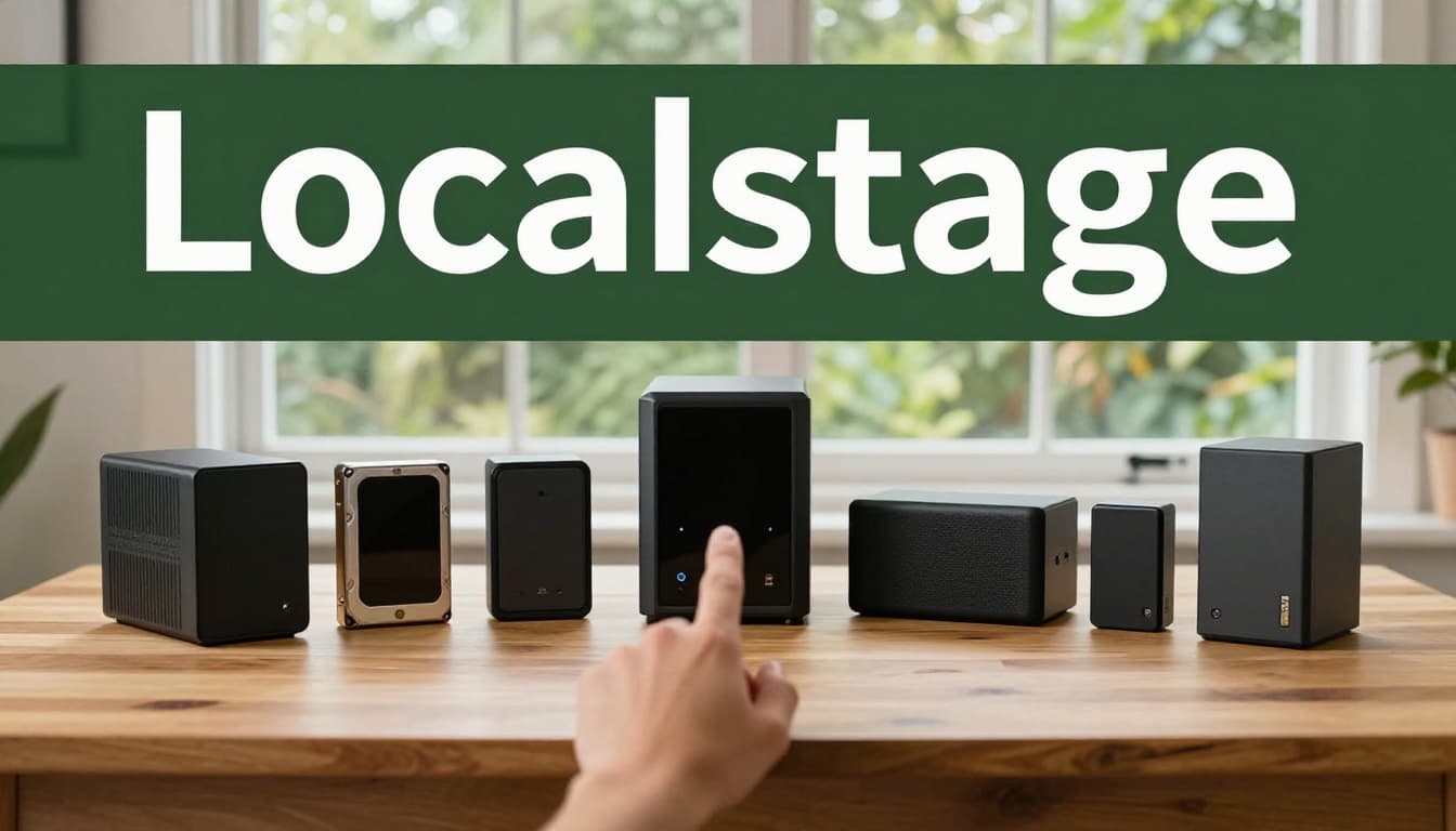 Assortment of local storage devices including external HDD drive, SSD stick, and small NAS box on a wooden desk in a home office, with one hand pointing relaxedly under natural window light. Bold editorial style features 'Local Storage' headline in high-contrast Montserrat Black font on a muted dark-green band at the top.