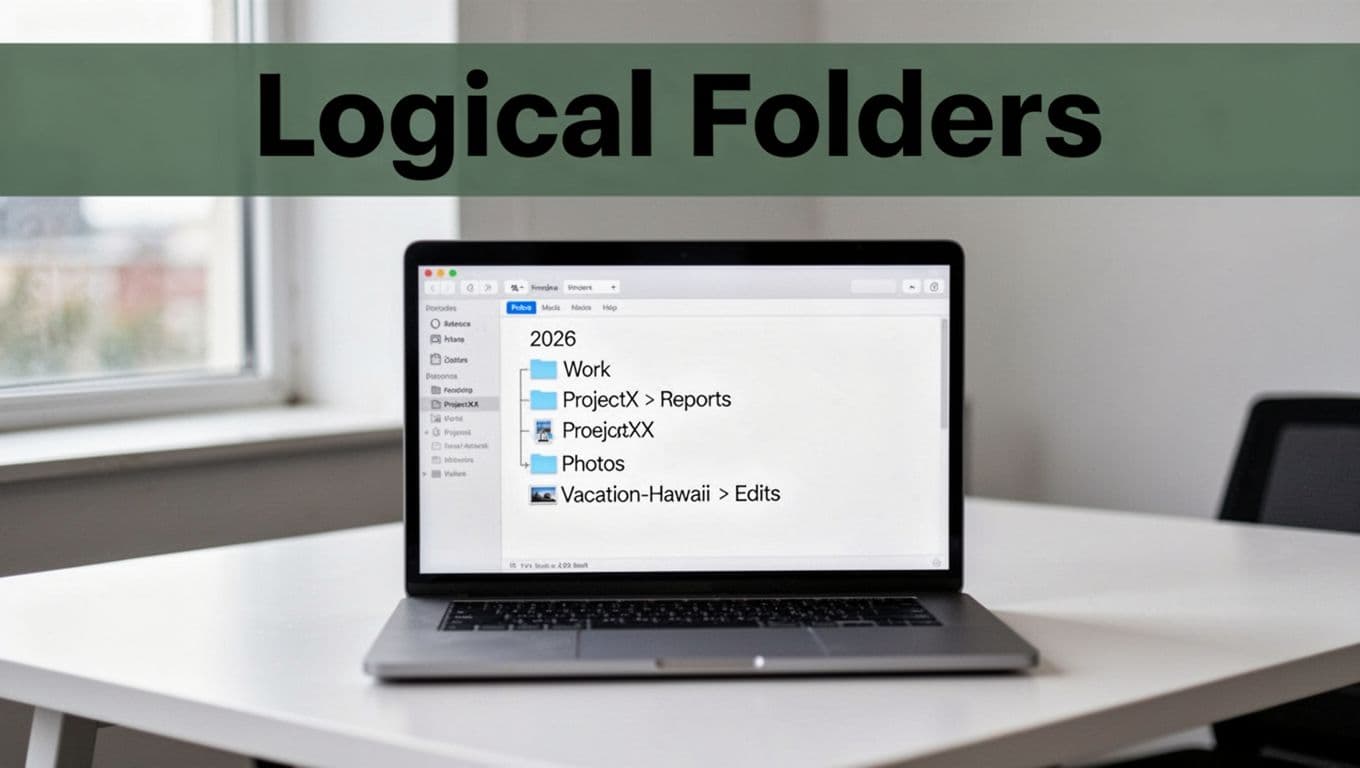A laptop showing a clean file explorer folder hierarchy with top-level year and clear categories like Work, Personal, and Photos.