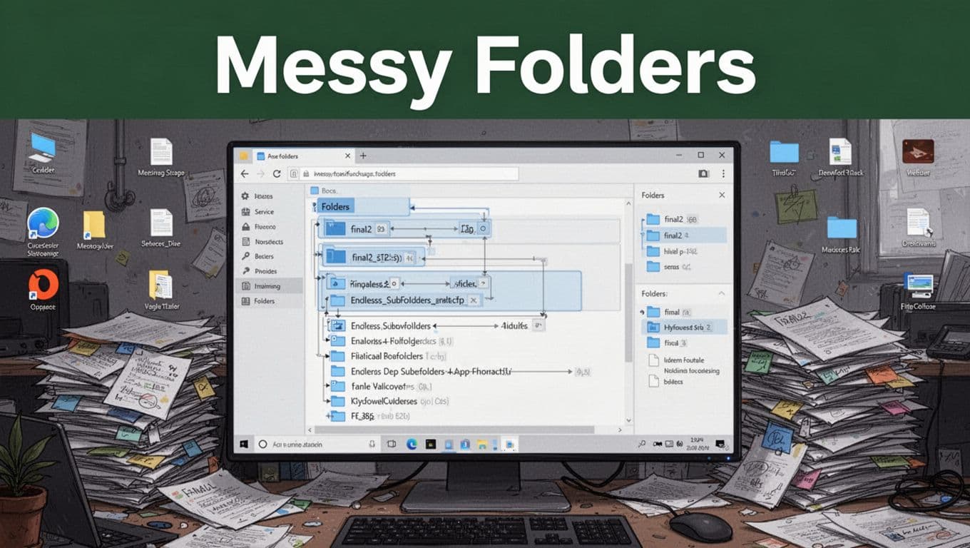 A computer screen displays confusing nested folders with vague file names like 'final2 doc' and endless subfolders, amid a messy desktop cluttered with icon piles, topped by a dark-green header band bearing the bold title 'Messy Folders' in illustrative digital art style.