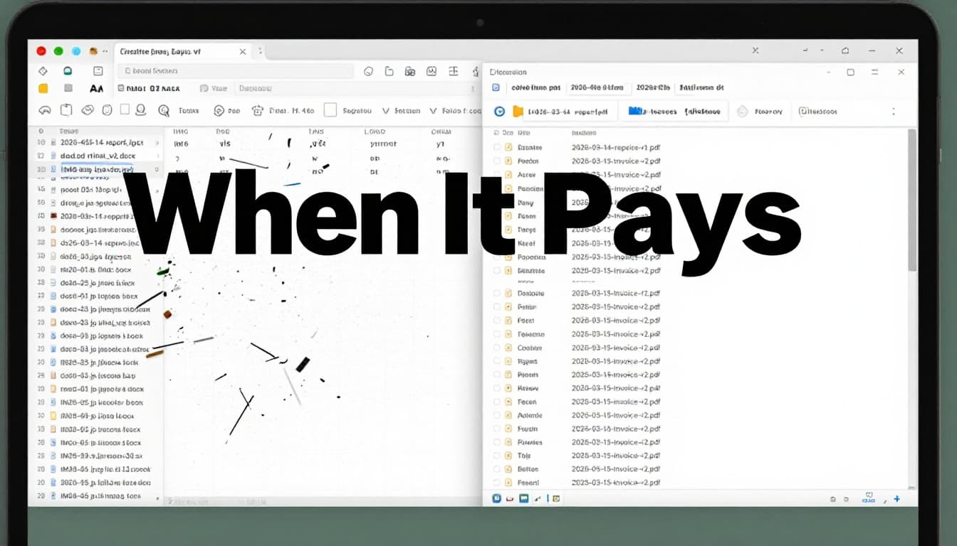 File explorer screen showing chaotic messy files on the left contrasted with perfectly sorted date-named files on the right, topped with bold 'Why It Pays' headline in editorial style.