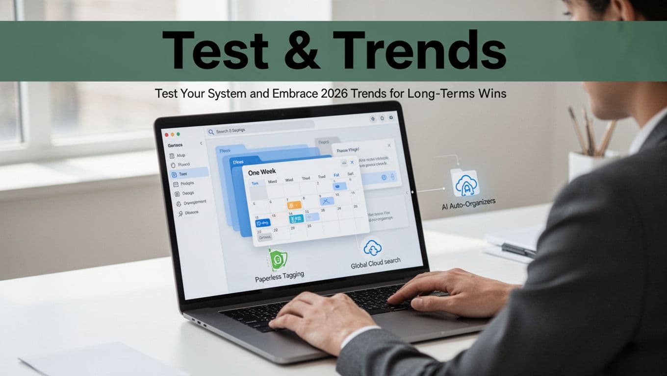 A modern laptop screen showing organized folders and a one-week test plan, with icons representing AI auto-organizers, paperless tagging, and global cloud search.