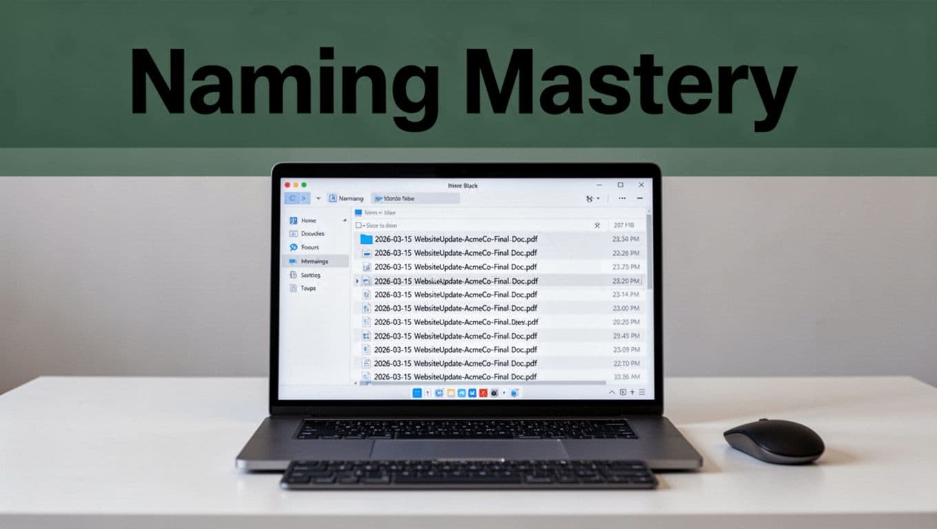 Clean laptop screen in modern workspace showing file explorer with date-sorted files using consistent naming conventions like '2026-03-15-WebsiteUpdate-AcmeCo-Final-Doc.pdf', bold 'Naming Mastery' headline on dark-green band.