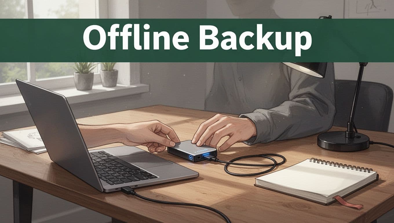 One person at a clean wooden desk in a home office plugs a portable external hard drive into a laptop via USB cable in natural daytime light, with focus on the drive and relaxed hands. Bold editorial illustration features a muted dark-green top band with 'Offline Backup' title and simple composition including desk lamp and notebook.