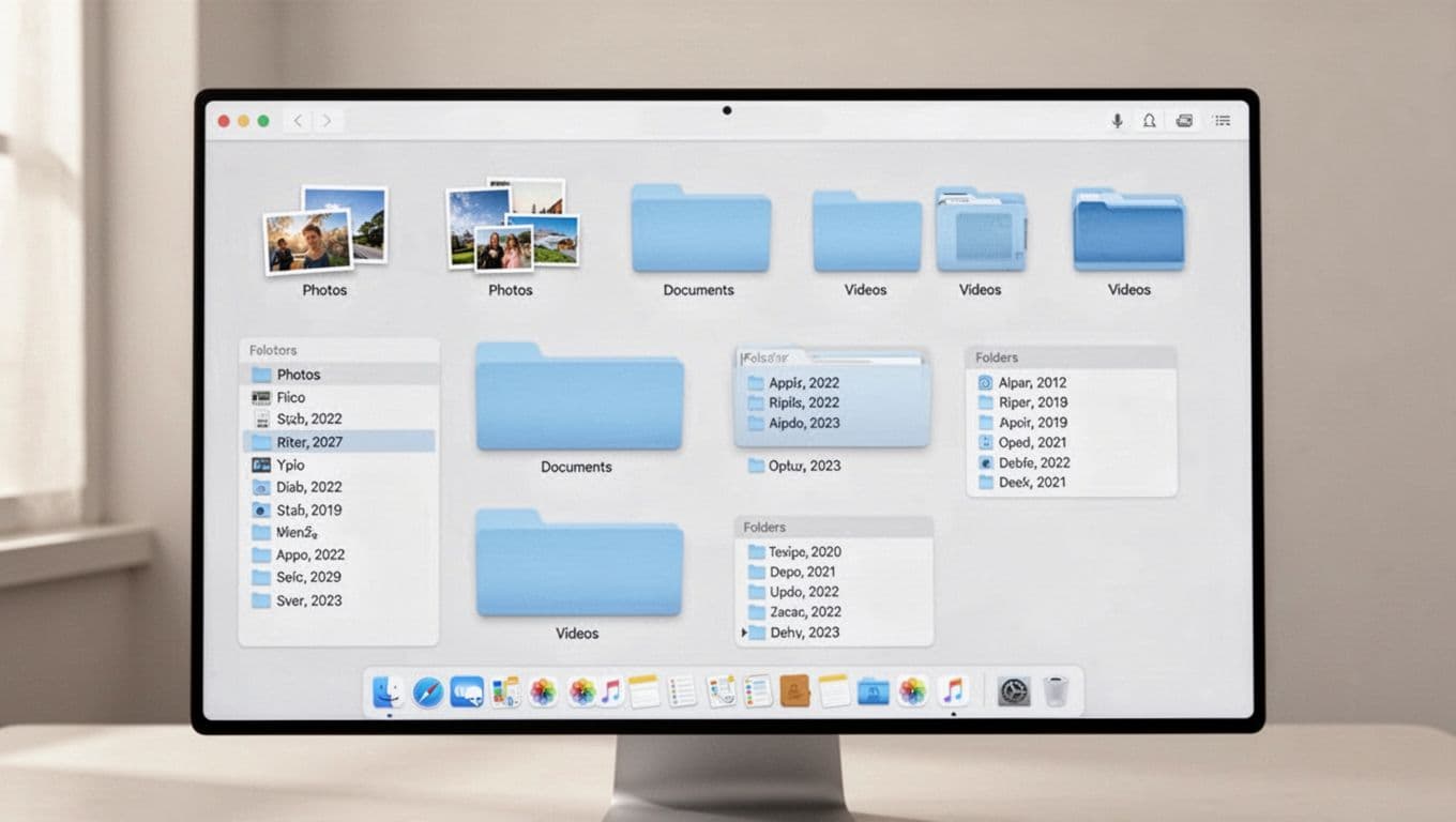 Clean, organized computer desktop with folders neatly arranged by type like Photos, Documents, Videos, and subfolders by date, in a modern minimalist style with soft natural lighting.