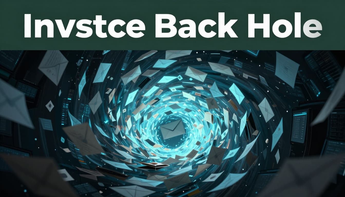 A chaotic overflowing email inbox depicted as a swirling black hole sucking in letters and notifications, set in a dark digital void with glowing screens around the edge, dramatic low-key lighting with blue neon highlights, photorealistic style.