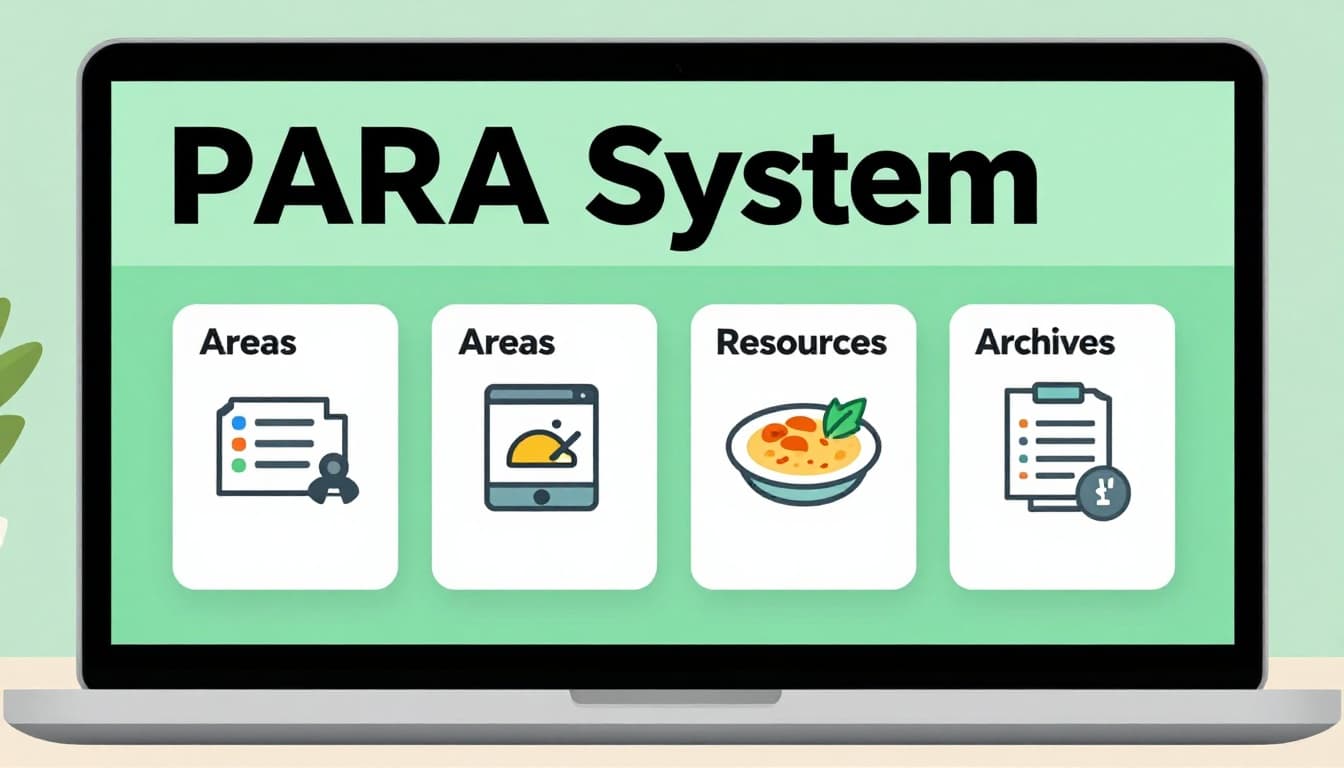 Clean vector illustration showing PARA method folders on a laptop screen: Projects with client campaigns, Areas with health tracker, Resources with recipes, Archives with old taxes, on a modern office desk with natural lighting and bold 'PARA System' headline.