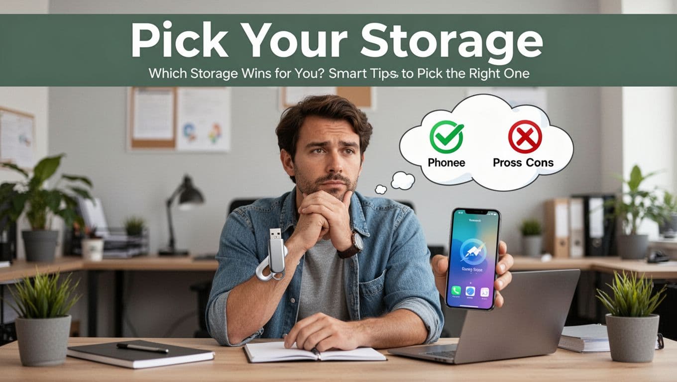 Person at desk thoughtfully chooses between USB drive and phone app, with thought bubble showing pros and cons icons in casual office setting. Realistic photo with soft lighting and bold headline 'Pick Your Storage' on muted dark-green band.