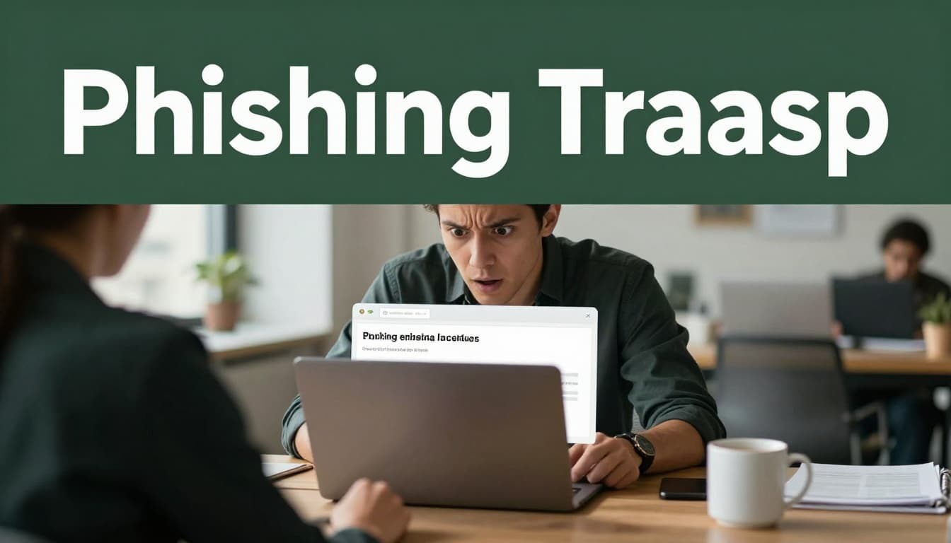 Office worker at modern desk with open laptop displaying suspicious email mimicking trusted contact, showing tense surprised expression, coffee mug nearby, bold 'Phishing Traps' headline on dark-green band at top.