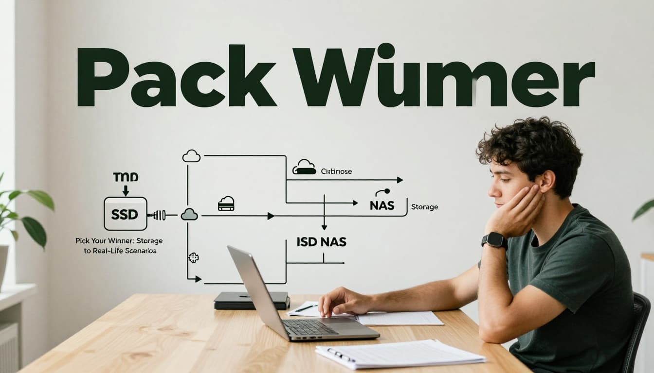 A thoughtful person in a home office compares SSD, cloud, and NAS storage options using a simple paper flowchart under natural light. Bold 'Pick Winner' headline on a muted dark-green band at the top in landscape composition.