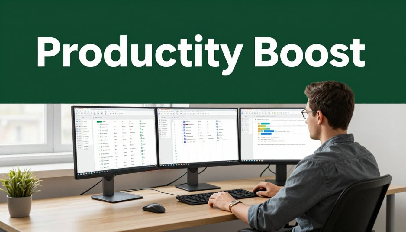 A focused professional at a modern office desk with dual monitors displaying organized digital folders and quick-access shortcuts, illuminated by soft light, featuring a 'Productivity Boost' headline in bold typography.