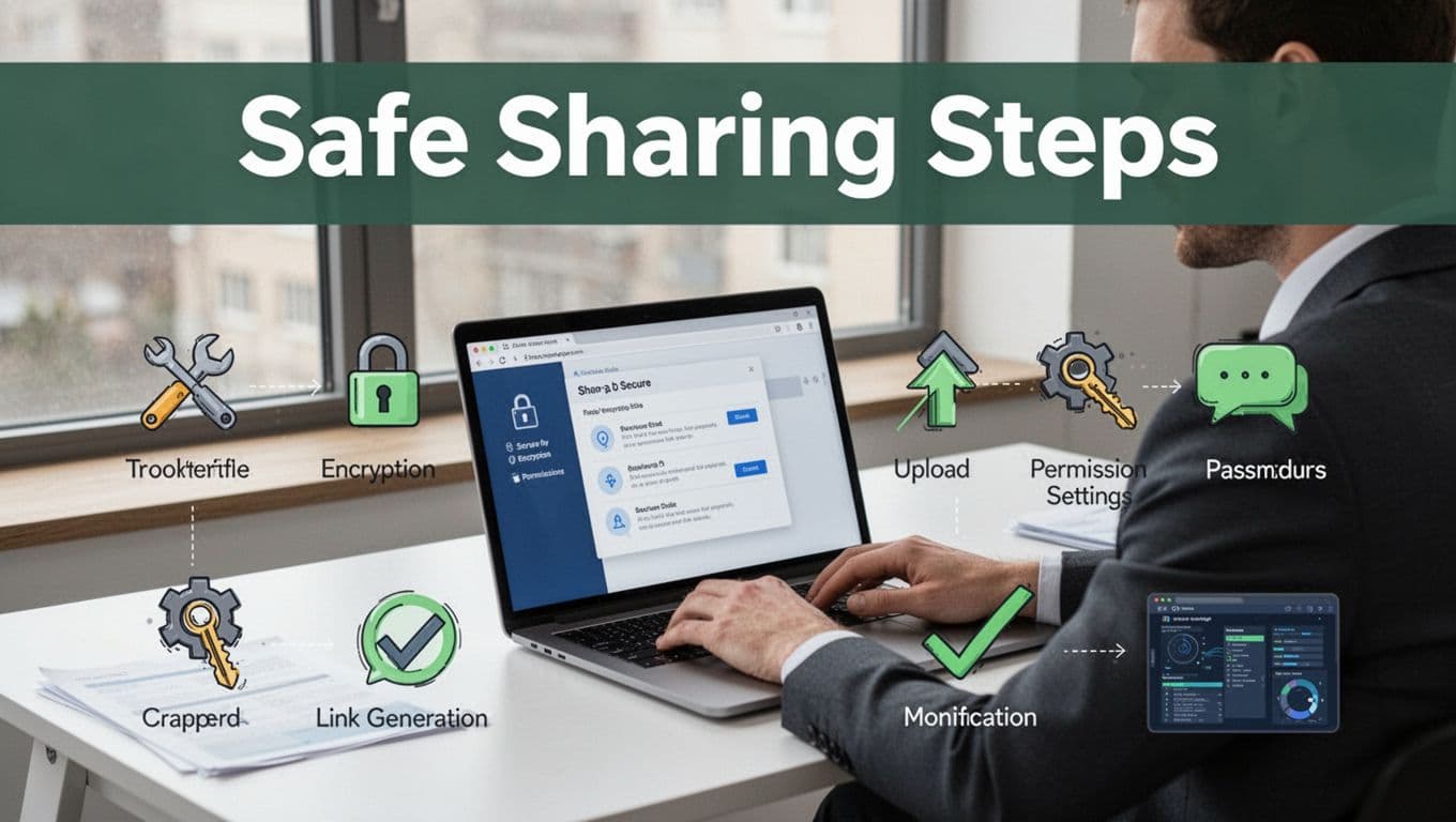 Focused professional at modern desk using laptop for secure file sharing, surrounded by icons of steps like encryption, upload, permissions, and verification in realistic office with natural light and branded headline.