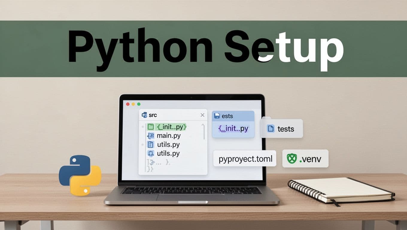Editorial illustration showing organized Python project folders on a desk, including src, tests, and key config files.